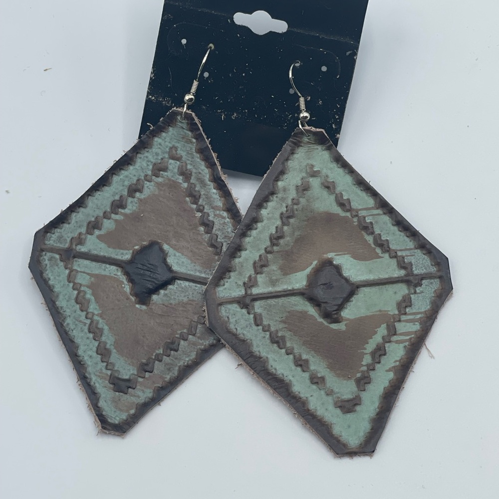 Leather Geometric Patterned Earrings in Brown and Green